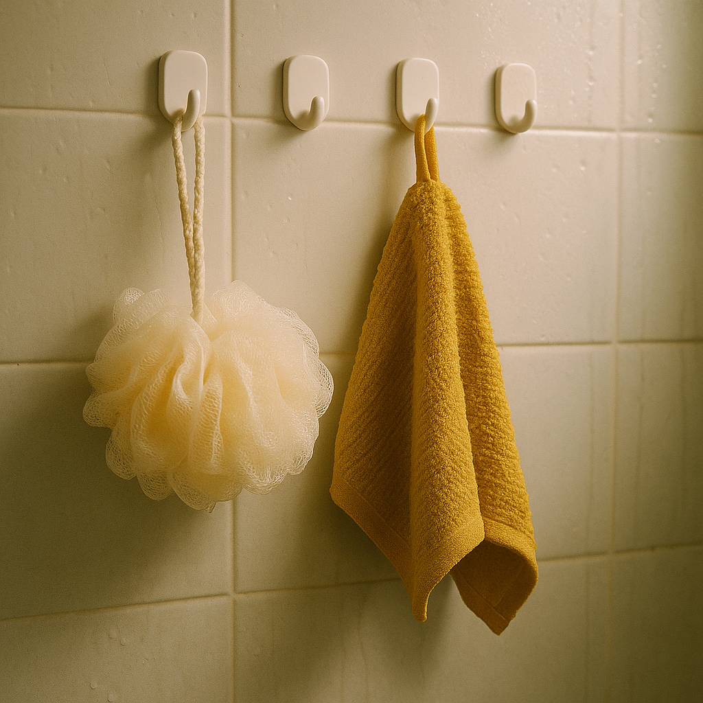 욕실 벽에 부착된 고리에 젖은 샤워볼과 노란 샤워타올이 각각 걸려 있는 모습. 타일 벽에는 습기가 서려 있음.