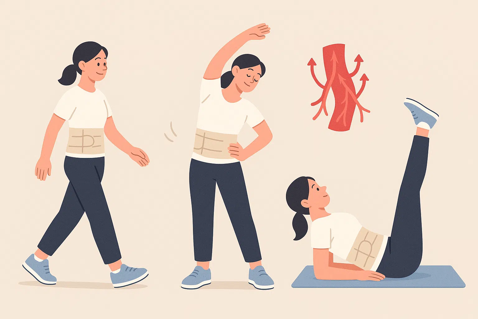 수술 후 가벼운 운동 장면: 걷기, 스트레칭, 다리 올리기 운동을 하는 사람