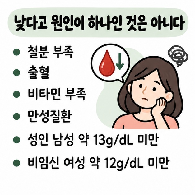 헤모글로빈이 낮으면 빈혈을 의심하지만 철결핍과 출혈, 비타민 부족, 만성질환 등 원인이 다양함을 보여주는 카드