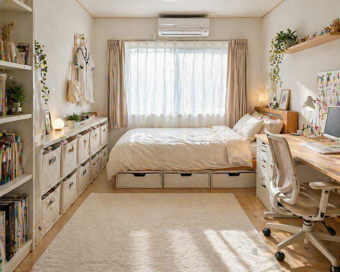 원룸에서 수납이 부족할 때 침대 밑 수납과 벽 선반으로 정리한 자취방 모습