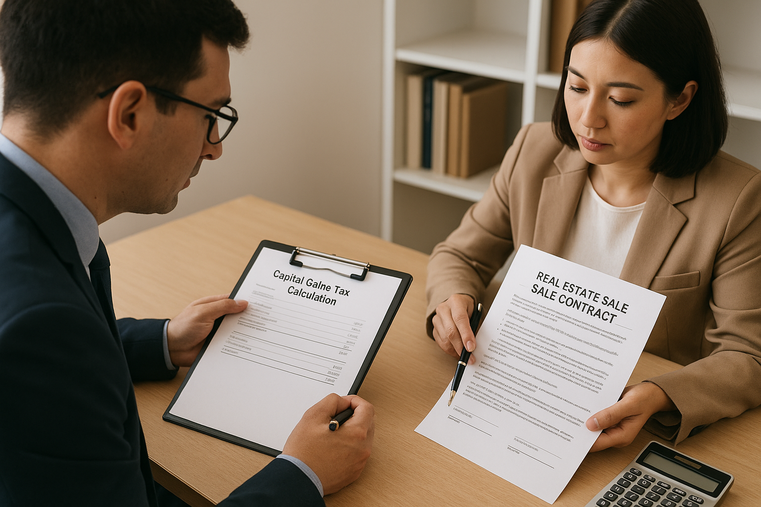 부동산 매매 계약서와 양도세 계산서를 함께 검토하는 상담 장면