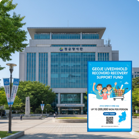 거제시청 전경과 함께 민생회복지원금 지급 포스터 이미지가 합성된 사진