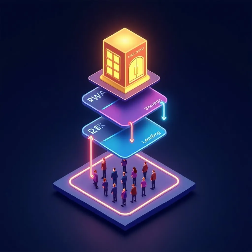 RWA에서 디파이로 흐르는 3단계 수직 타워 구조. 상단 황금 금고에서 중단 네온 DEX 카드로&amp;#44; 다시 하단 투자자들로 연결되는 흐름도. 아이소메트릭 3D 스타일 (RWA to DeFi integration&amp;#44; vertical flow infographic)