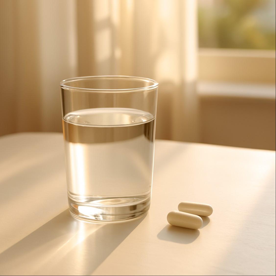 아침 햇살 속 물 한 컵과 영양제, 영양제 공복 복용을 상징하는 이미지