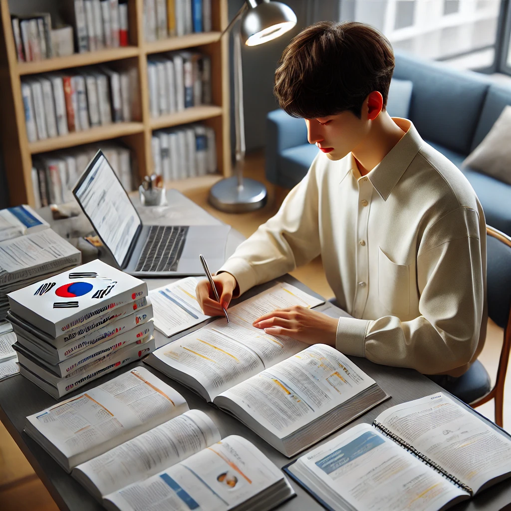 학생이 책상에서 노트와 교재를 정리하며 시험 준비를 효율적으로 하고 있는 모습. 학생은 노트에 중요한 내용을 형광펜으로 강조하며 현대적인 스터디룸에 앉아 있습니다. 방은 밝고 정돈되어 있습니다