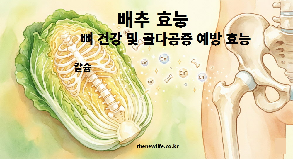 배추 단면 속에 튼튼한 척추뼈가 그려진 일러스트와 골반 뼈 이미지. 칼슘(Ca)이 풍부하여 뼈 건강과 골다공증 예방에 도움을 주는 배추 효능을 시각화한 그림