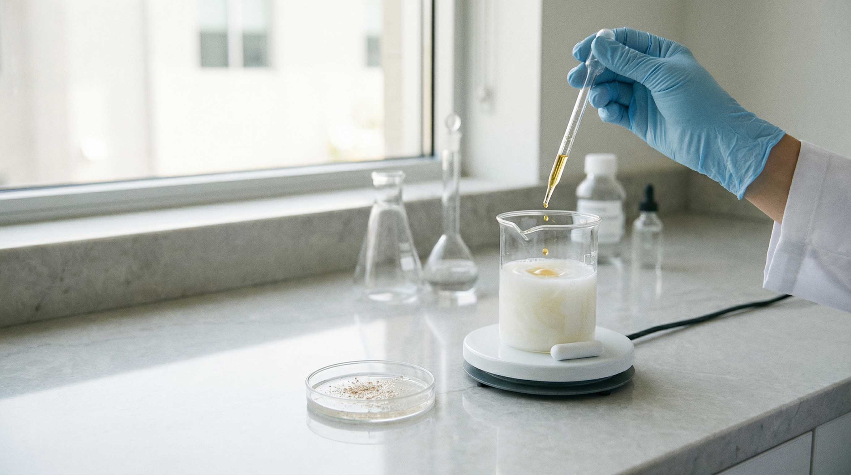 실험대 위 비커에 우윳빛 유화액이 소용돌이치고, 장갑 낀 손이 피펫으로 오일을 한 방울씩 떨어뜨리는 장면입니다. 유화는 &lsquo;방울을 만들고 안정화하는 과정&rsquo;이라는 점을 보여줍니다.