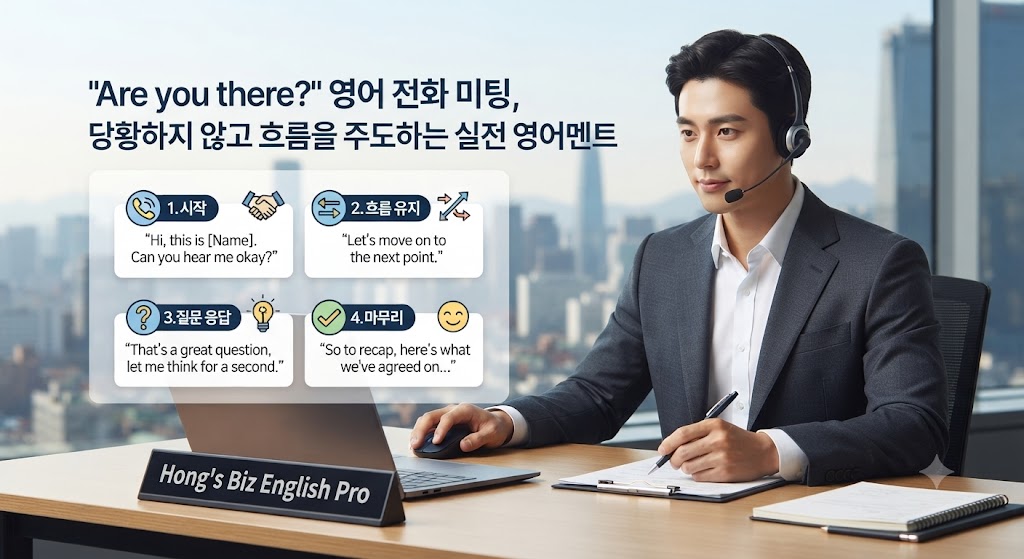 비즈니스 영어 전화 미팅 가이드: 헤드셋을 착용하고 전화 미팅을 차분하게 주도하는 전문가의 모습과 핵심 영어 멘트 요약