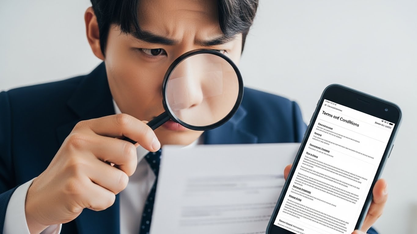 파킹통장 가입 전 까다로운 우대금리 조건을 확인하기 위해 약관을 꼼꼼히 살피는 한국인