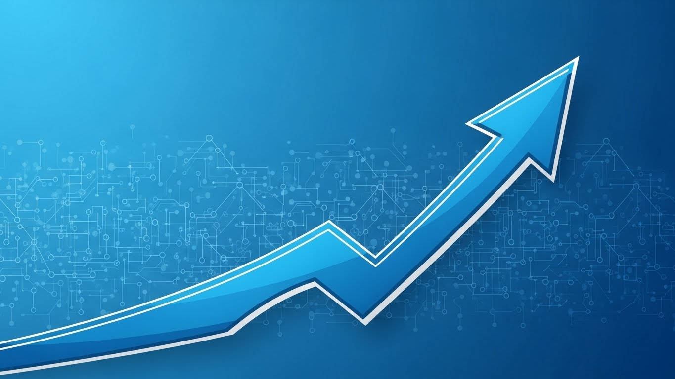 A steeply rising blue growth graph arrow, with a subtle digital circuit pattern in the background. Clean infographic style representing business success and strengthening national competitiveness.