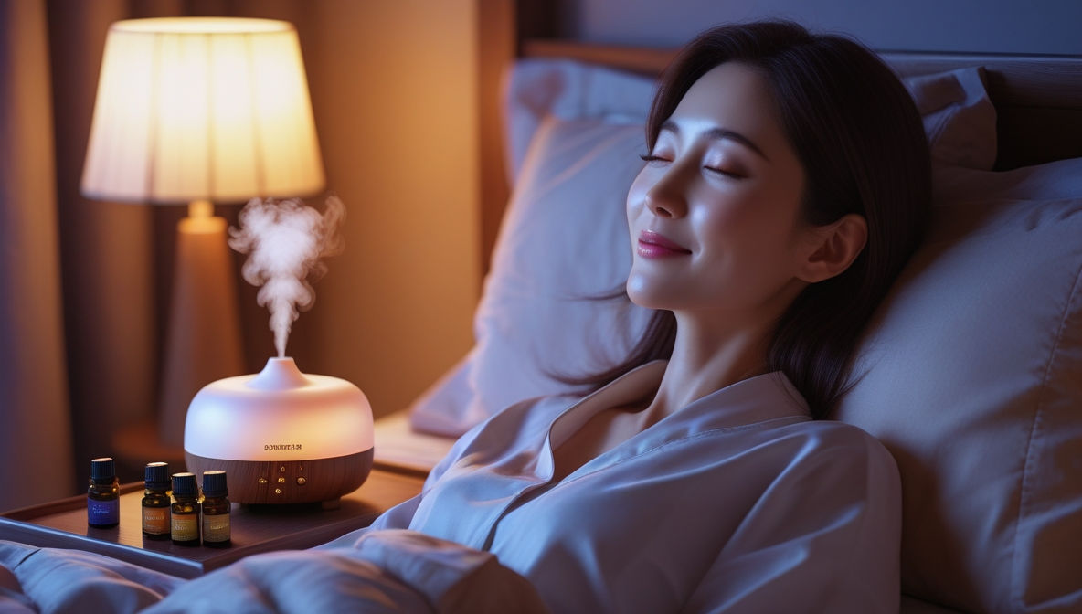 침실에서 아로마테라피를 즐기며 편안하게 누워 미소짓는 여성