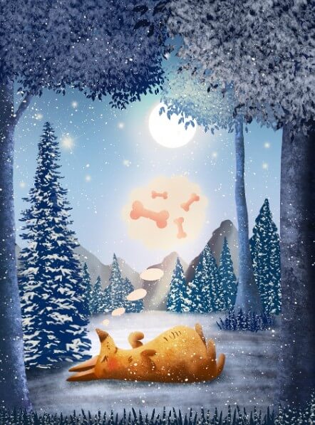 한 겨울 숲 속의 여우가 눈 위에 누워 있는 모습