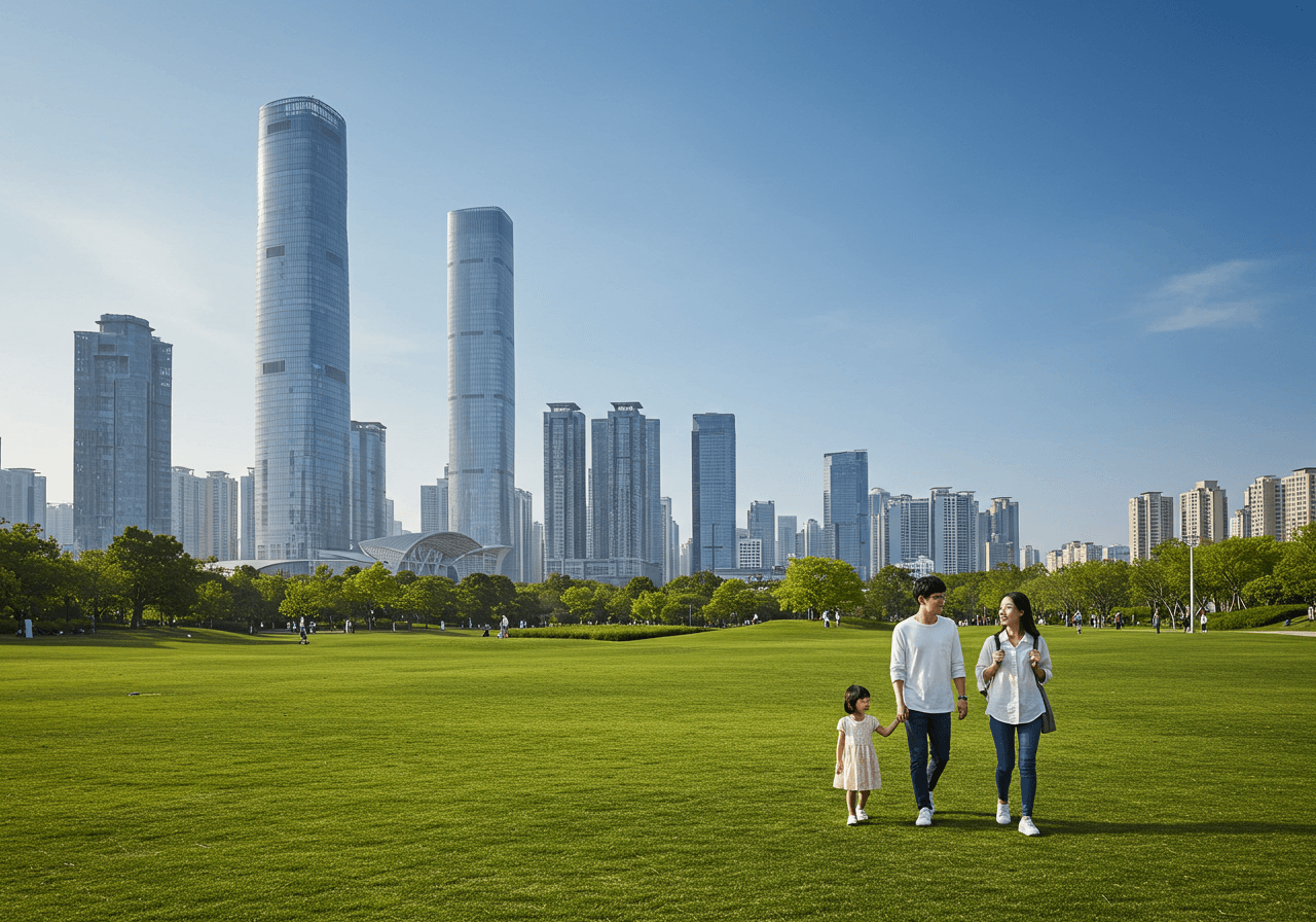 송도 센트럴파크 잔디광장에서 산책하는 30대 초반 한국인 부부와 어린이, 뒤편으로 보이는 송도의 고층 빌딩 전경