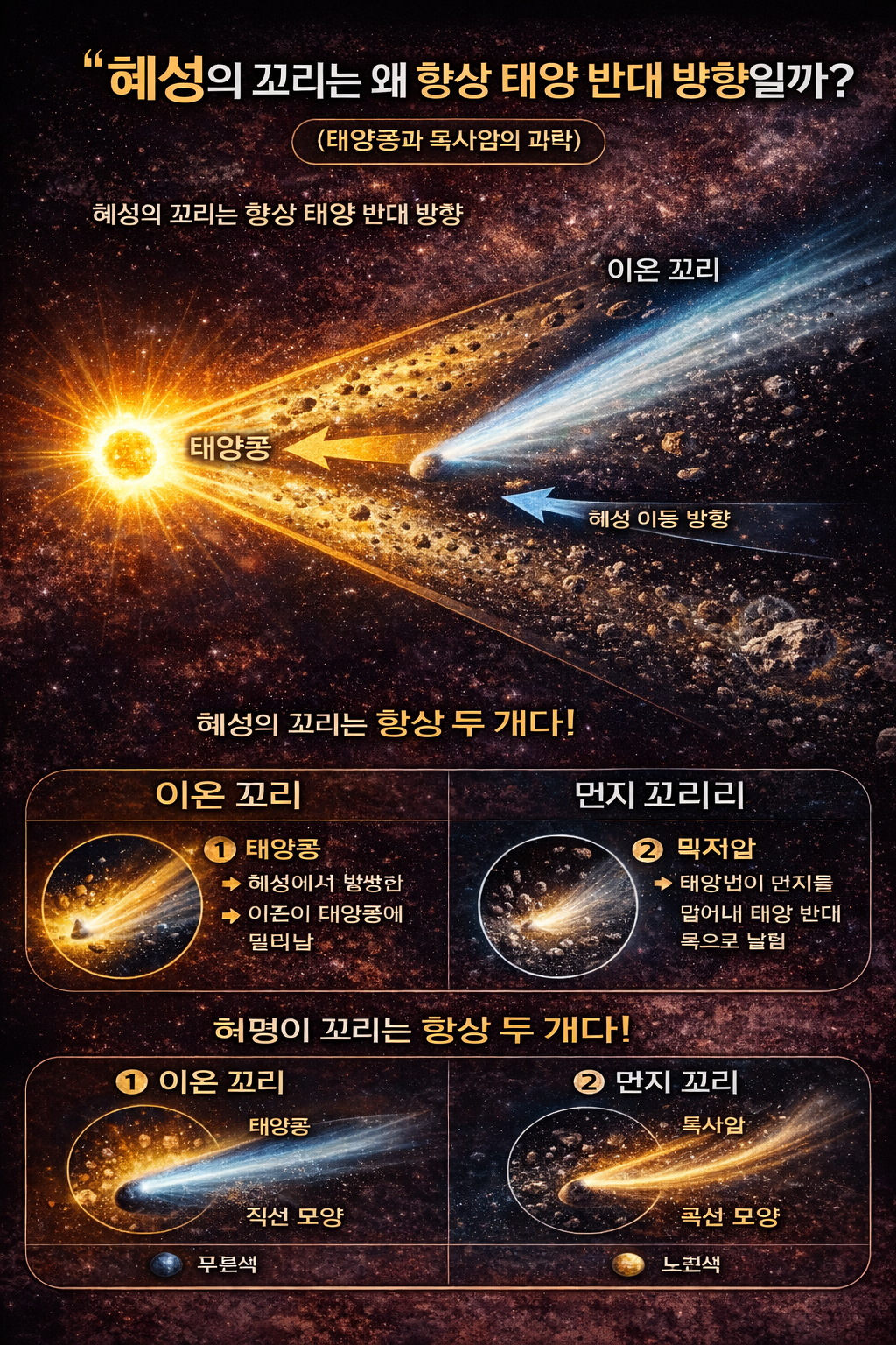 혜성의 꼬리는 왜 항상 태양 반대 방향일까 태양풍이 만든 놀라운 원리