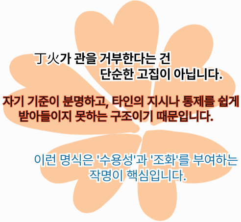 丁火 일주가 관(官)을 받아들이지 못하고 자율성을 우선시하는 성격 구조를 설명하는 이미지