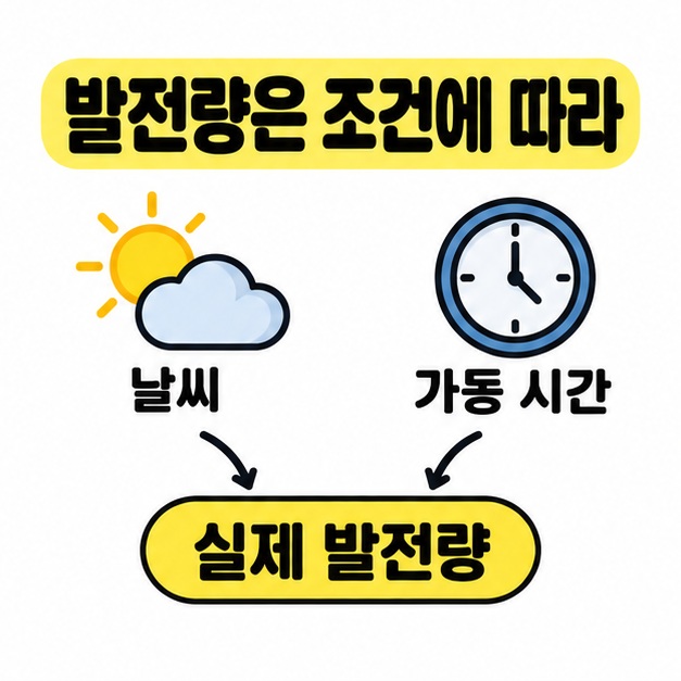 날씨를 나타내는 해와 구름 및 가동 시간을 나타내는 시계에서 실제 발전량으로 화살표가 이어지는 관계 도식