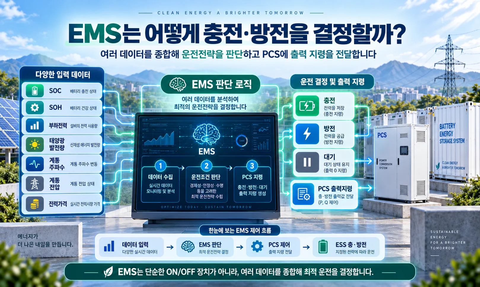 SOC SOH 부하전력 태양광 발전량 계통정보를 분석해 EMS가 PCS에 충방전 지령을 전달하는 제어 흐름