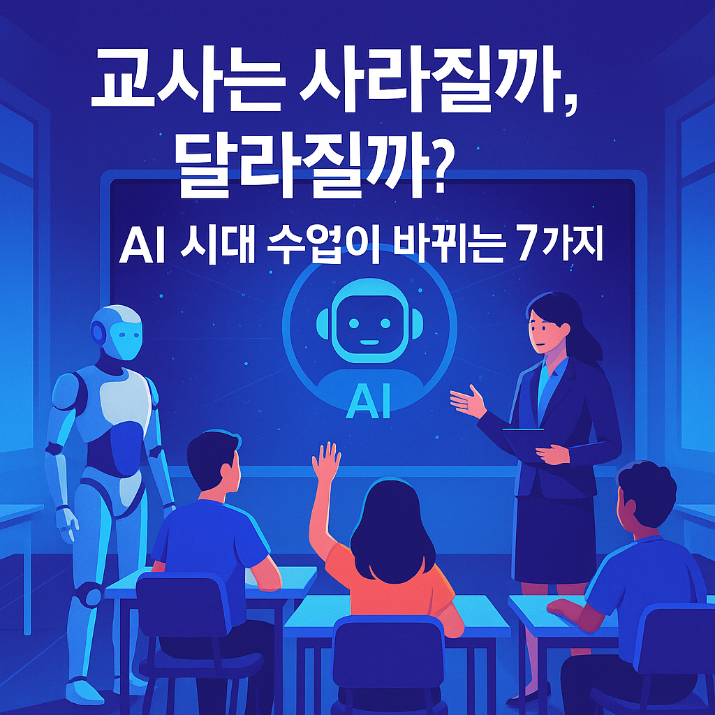 AI 시대의 교실을 상징하는 디지털 삽화로, 학생과 교사가 함께 있고 스마트 보드에 AI 아이콘이 나타나며 ‘교사는 사라질까, 달라질까? AI 시대 수업이 바뀌는 7가지’라는 한국어 텍스트가 강조된 교육 주제 썸네일 이미지