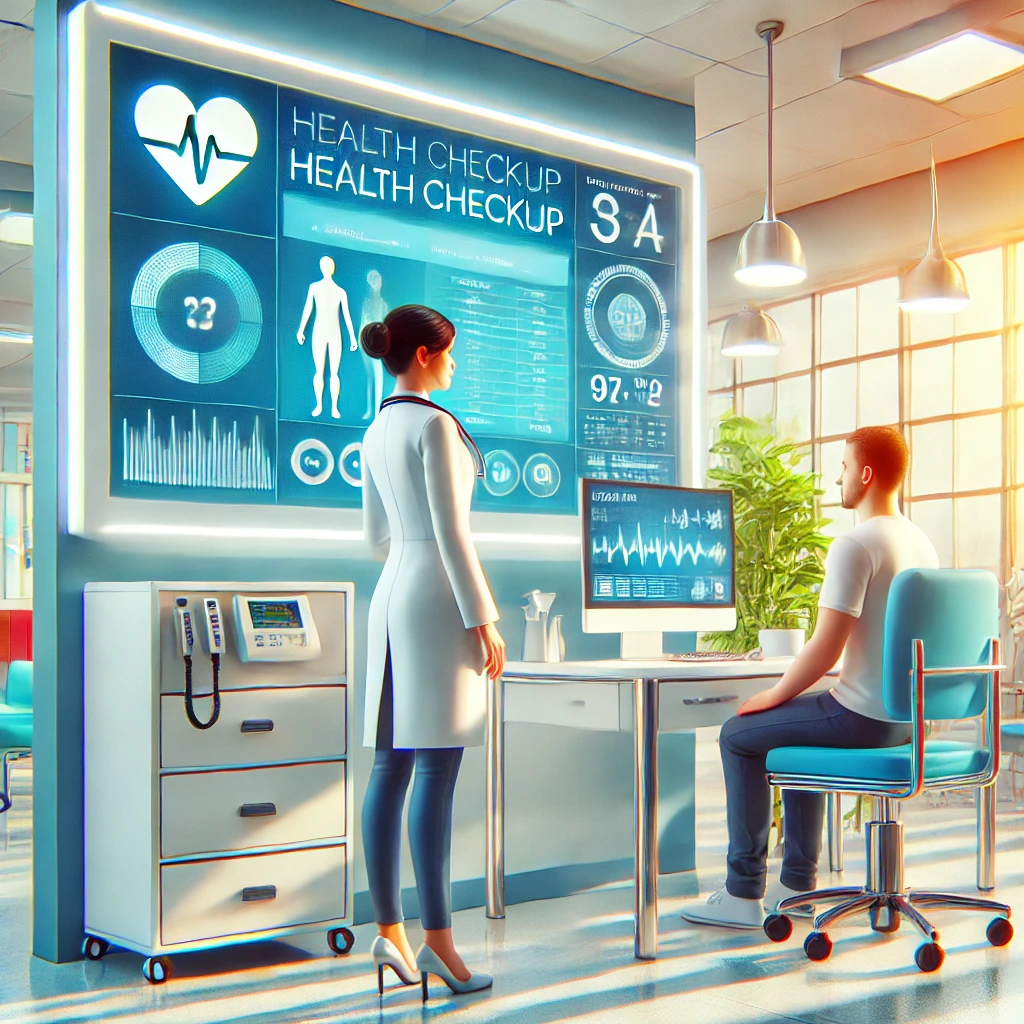 다양한 검강검진을 하려고 온 남자 환자와 여자 의사