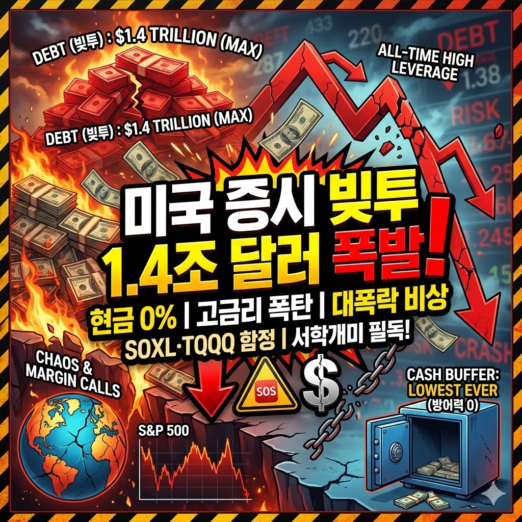 미국 주식 시장의 붕괴를 경고하는 강렬한 색감의 인포그래픽 포스터입니다.

포스터 상단에는 불타는 지폐 더미와 함께 영문으로 'DEBT(빚투): $1.4 TRILLION (MAX)', 'ALL-TIME HIGH LEVERAGE'라는 텍스트가 적혀 있습니다.

중앙에는 크고 대담한 노란색 한글 텍스트로 '미국 증시 빚투 1.4조 달러 폭발!'이라고 쓰여 있고, 그 아래에는 '현금 0% ❘ 고금리 폭탄 ❘ 대폭락 비상', 'SOXL&middot;TQQQ 함정 ❘ 서학개미 필독!'이라는 흰색 텍스트가 적혀 있습니다.

아래로 향하는 큰 빨간색 화살표는 S&amp;P 500 지수와 cracked earth에 있는 지구본, 금이 간 금전 기호($)를 가리키고 있습니다. 오른쪽 아래에는 영문으로 'CASH BUFFER: LOWEST EVER (방어력 0)'라는 텍스트와 함께 지폐가 가득 찬 금고가 그려져 있습니다.