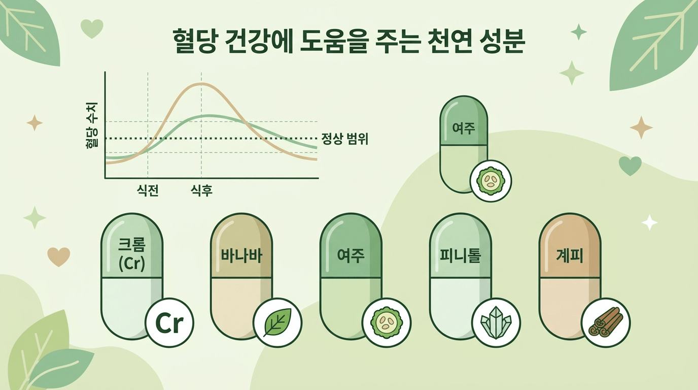 식후 혈당 관리 성분 5종 비교 일러스트