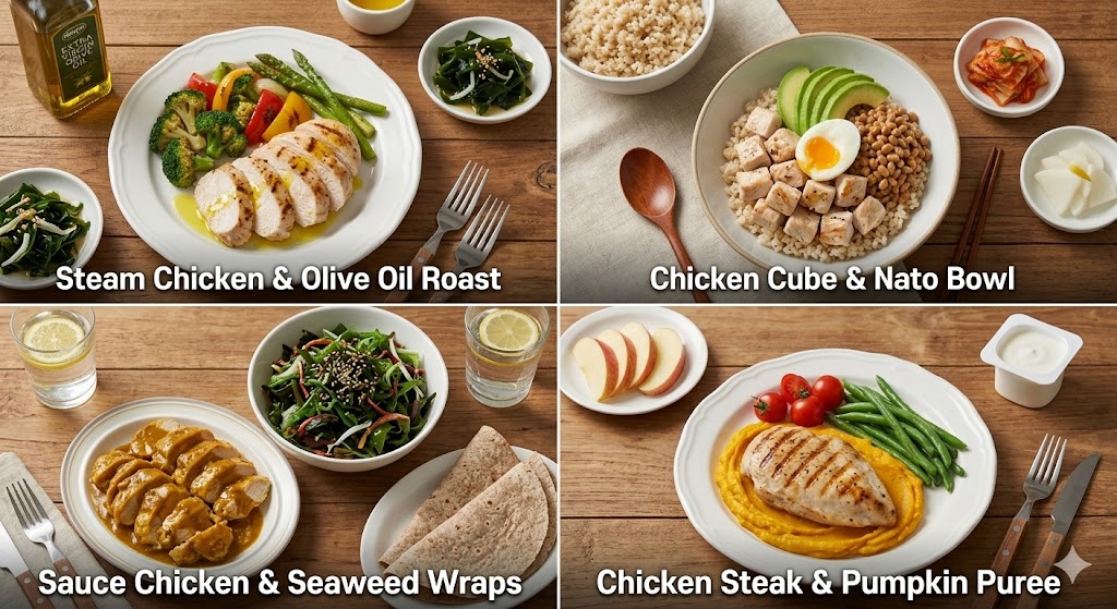 가공 닭가슴살을 활용해 맛과 장 건강을 모두 챙길 수 있는 네 가지 황금 식단 이미지입니다.