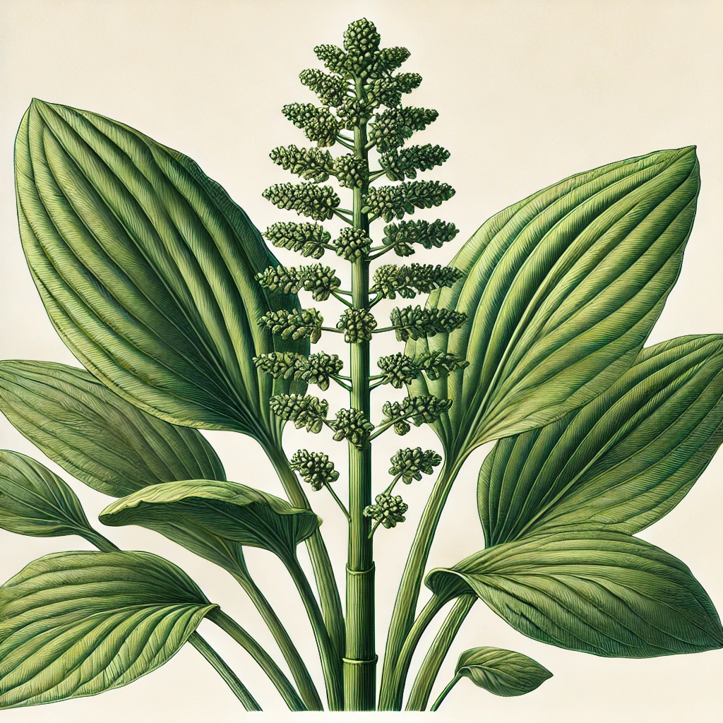 질경이(Plantago asiatica)의 식물 세부 일러스트. 넓고 광택이 나는 녹색 잎들이 땅에 가깝게 퍼져 있으며, 잎맥이 선명하게 나타나 있다. 중심에서 얇고 곧게 뻗은 줄기가 올라오며, 줄기 상단에는 작은 녹갈색 씨앗들이 촘촘히 모여 있다. 배경은 흰색으로 설정되어 있어 질경이의 식물 구조와 세부 사항이 잘 드러난다.