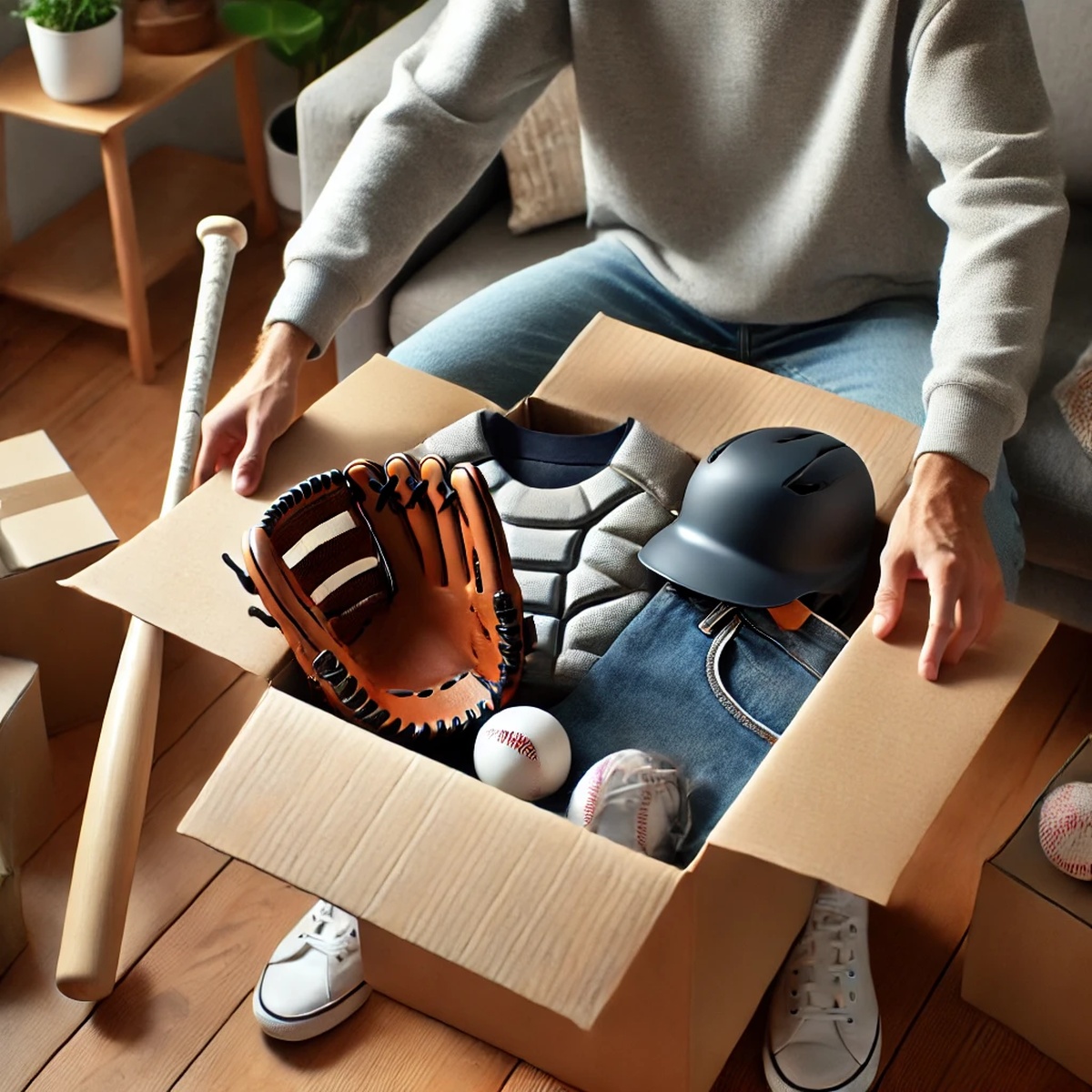 야구용품을 언박싱하는 소비자