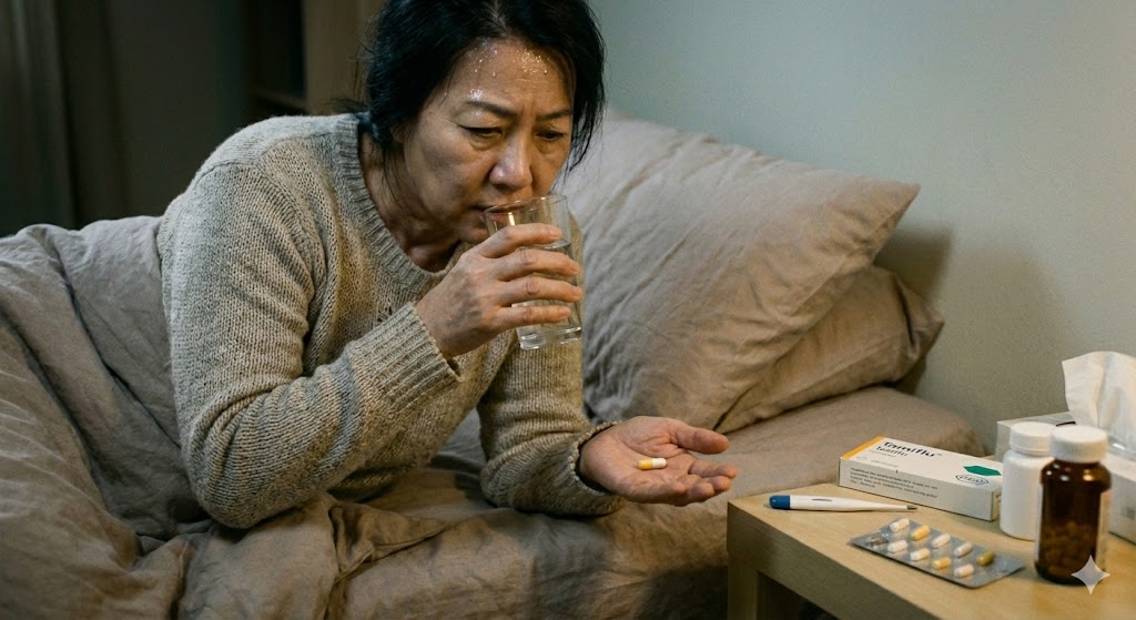B형 독감 때문에 타미플루 먹는 여성