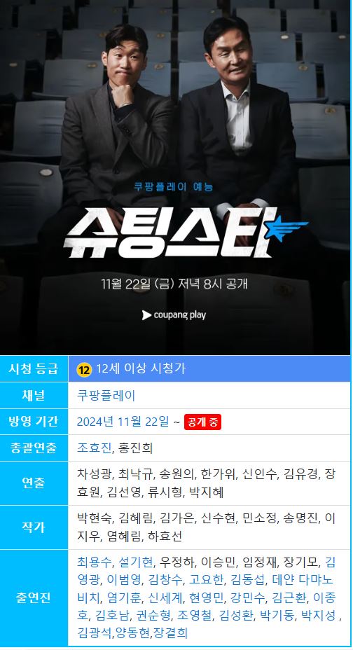 박지성과 최용수가 함께한 쿠팡의 프로그램인 슈팅스타 포스터