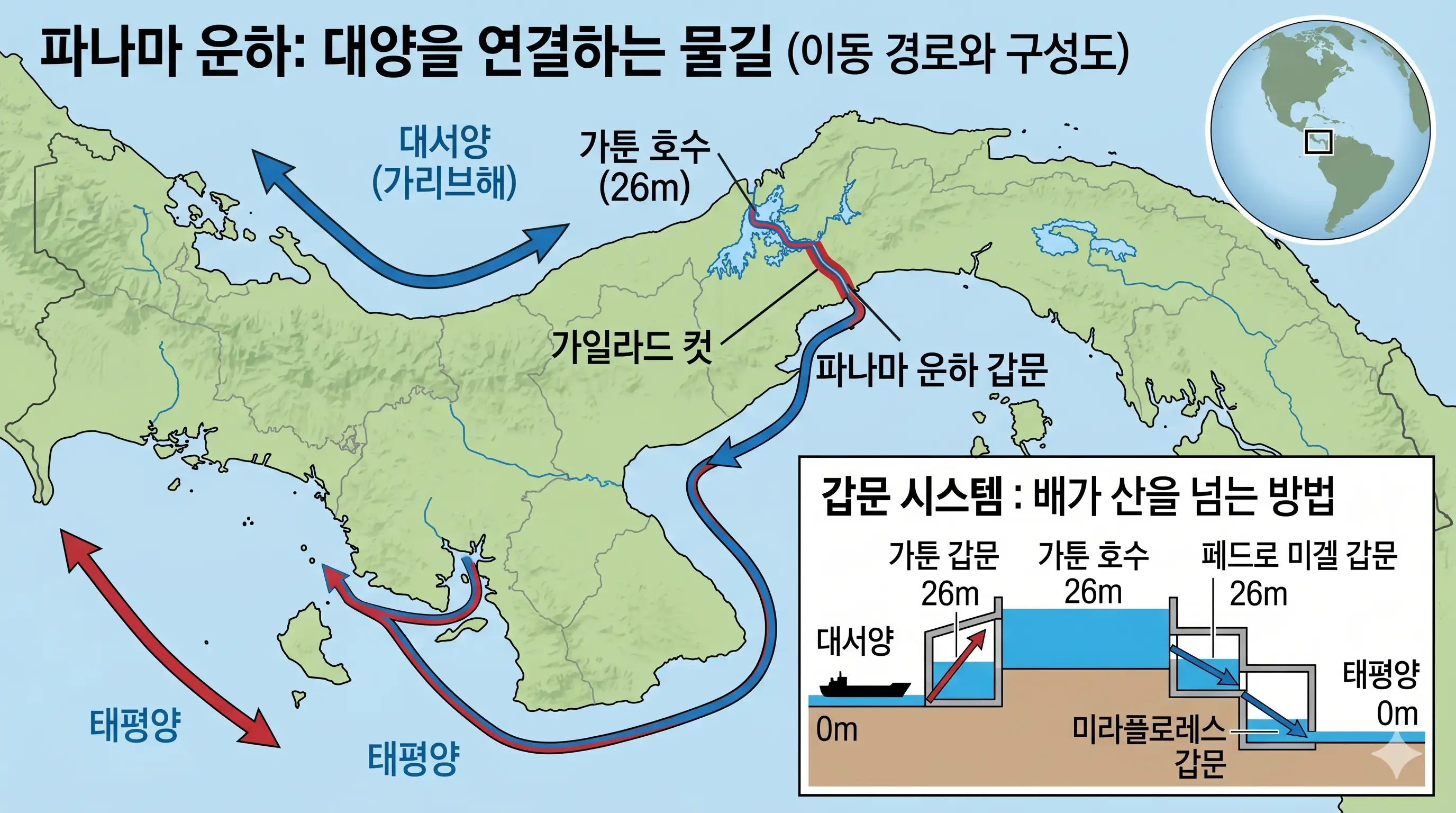 파나마 운하 지도 및 갑문 시스템을 나타낸 그림