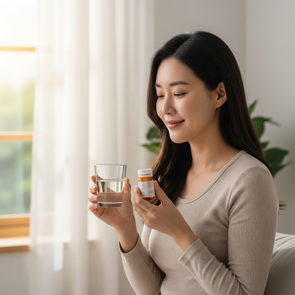 차분한 표정의 여성이 아침 햇살을 받으며 갑상선 호르몬제를 물과 함께 복용하려는 모습, 건강한 습관을 상징.