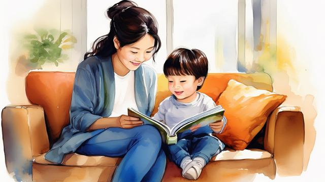 엄마와 동화책을 읽고 있는 아이 그림