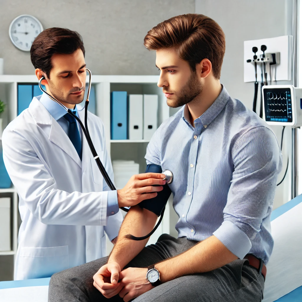 직장에서 건강 검진을 받는 남성이 의사로부터 청진기로 심장 검사를 받고 있는 모습.