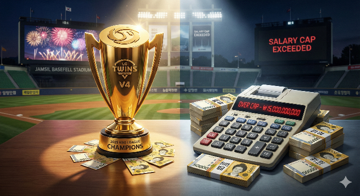 2025년 V4 우승 트로피 옆에 계산기와 돈다발이 놓여있는 대조적인 이미지