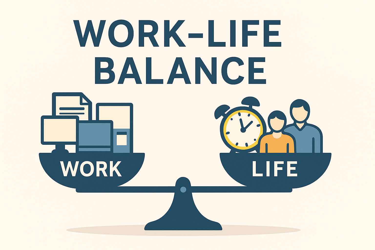 일과 삶의 균형을 상징하는 저울 위에 업무와 가족을 나란히 표현한 워라밸 일러스트