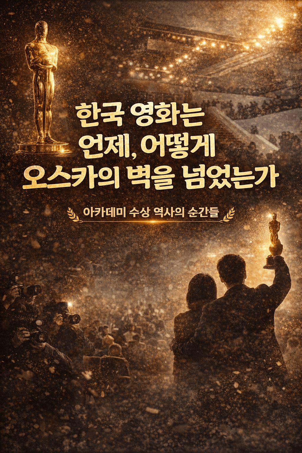아카데미 시상식 무대를 배경으로 오스카 트로피와 수상 장면 실루엣이 배치된 이미지로, 중앙에는 &lsquo;한국 영화는 언제, 어떻게 오스카의 벽을 넘었는가&rsquo;라는 문구가 강조되어 있으며 한국 영화의 오스카 수상 역사와 의미를 상징적으로 표현하고 있다.
