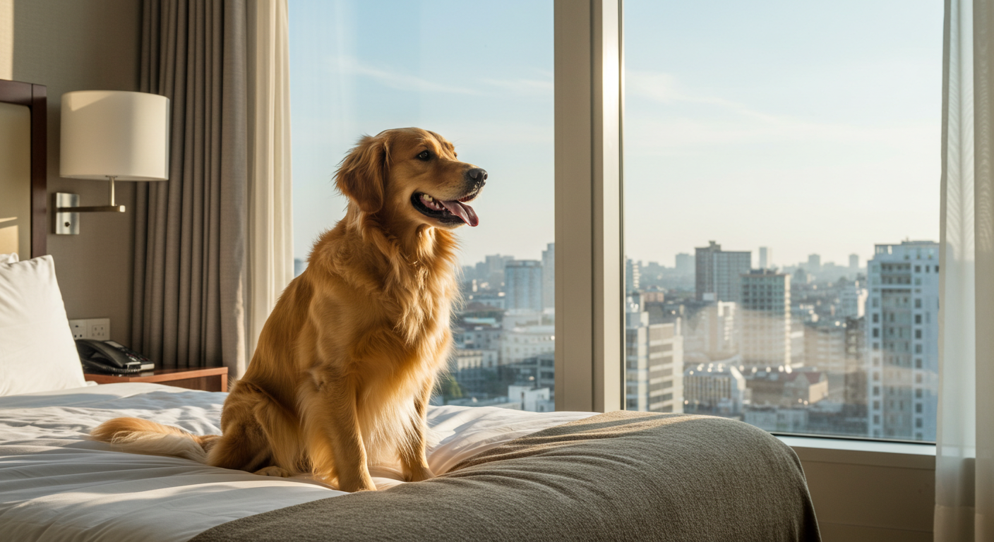 호텔 침대에 앉아 창밖을 바라보는 귀여운 강아지