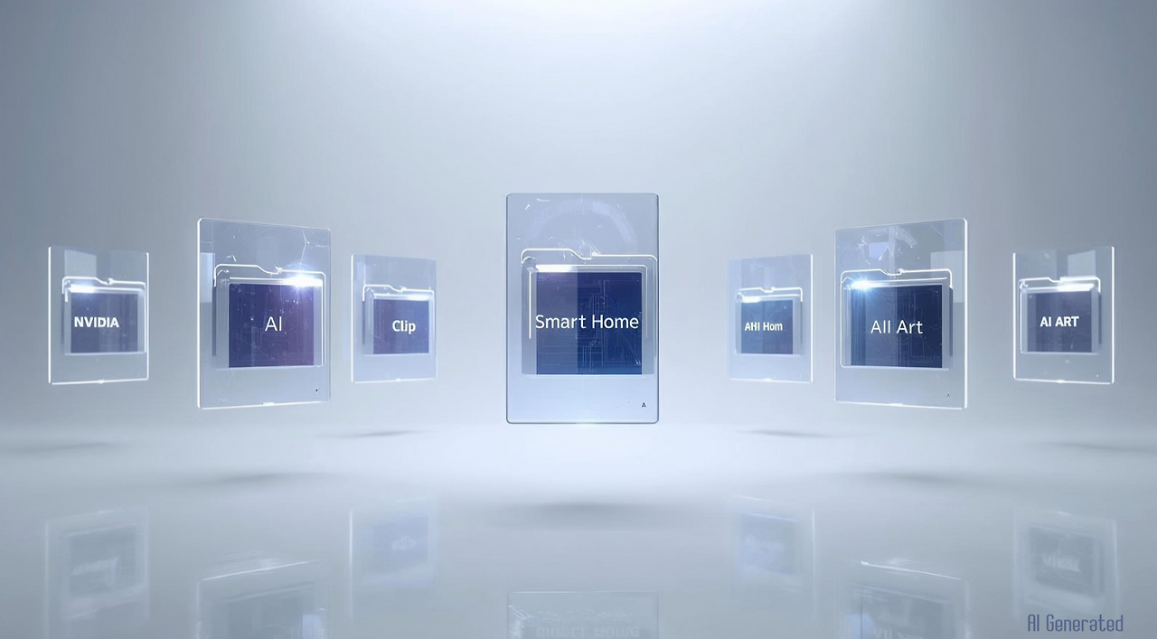 유리 인터페이스 기반의 디지털 폴더들이 나열된 모습. 엔비디아 칩, 스마트홈, AI 아트 등 이번 주 주요 IT 트렌드 키워드를 시각화한 그래픽.