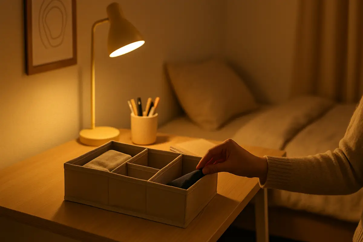 20대 여성 자취방의 5분 정리 루틴 장면 – SKUBB 수납함 활용 예시