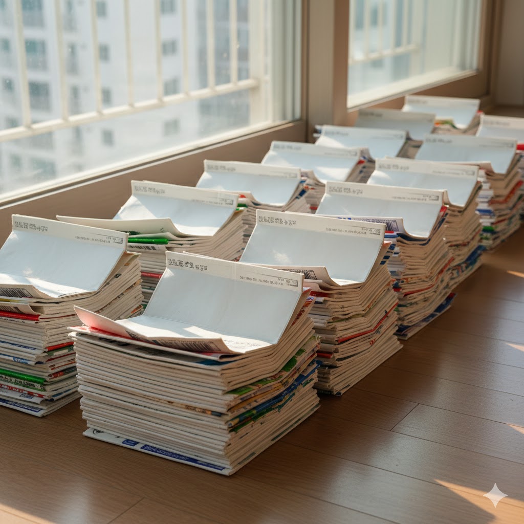 깨끗하게 씻어 말린 뒤 하얀 안쪽 단면이 보이도록 차곡차곡 쌓아놓은 우유팩 더미