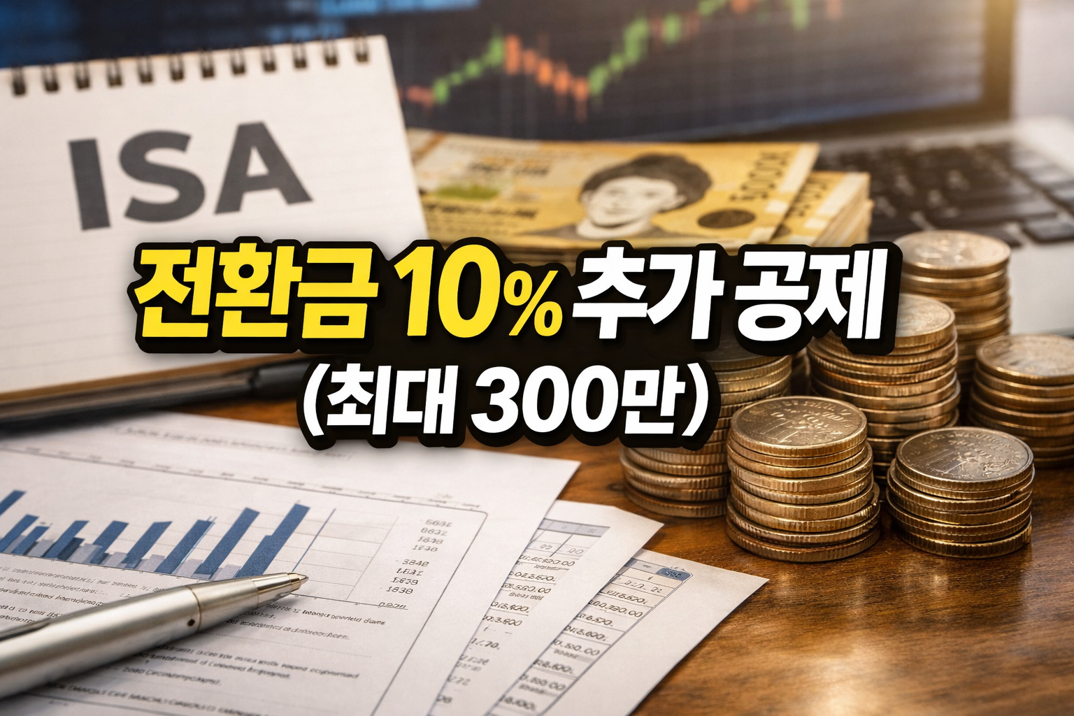 ISA 만기 전환금 10% 추가공제 설명 이미지, 연금저축·IRP 이전 시 최대 300만원 세액공제 한도 확대 개념