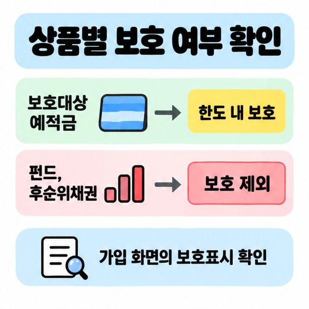 보호대상 예적금은 한도 내 보호, 펀드와 후순위채권은 보호 제외로 비교하고 가입 화면의 보호표시 확인을 안내한 도식