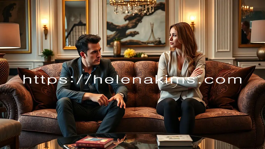 거실 쇼파에 앉은 30대 부부가 인상을 쓰며 다투고 있는 모습.