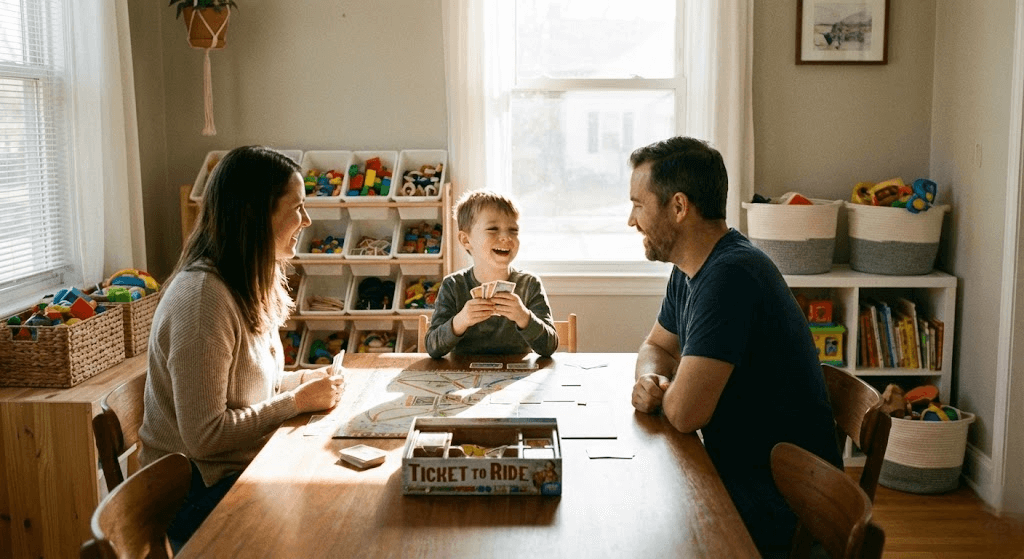 거실에서 엄마 아빠와 함께 보드게임을 하며 환하게 웃고 있는 7살 아이와 가족의 행복한 모습