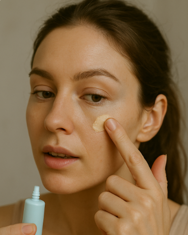 모공 프라이머를 사용하고 있는 여성 사진