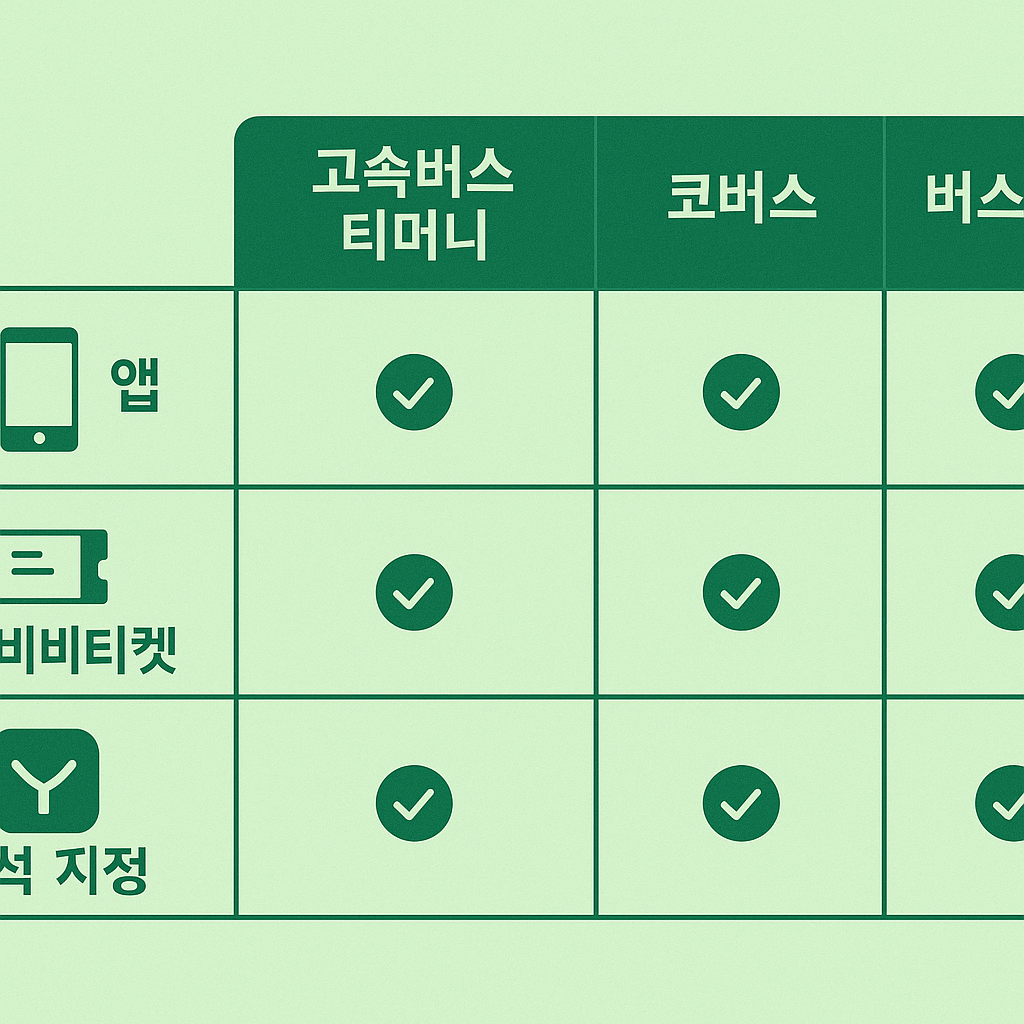 고속버스 티머니 앱, 코버스 웹, 버스타고 웹 채널 비교 아이콘