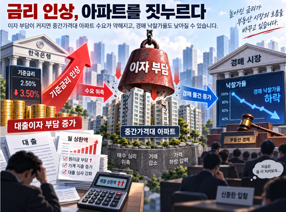 금리 인상이 이자 부담으로 중간가격대 아파트를 짓누르고 경매 낙찰가율이 하락하는 구조를 표현한 일러스트