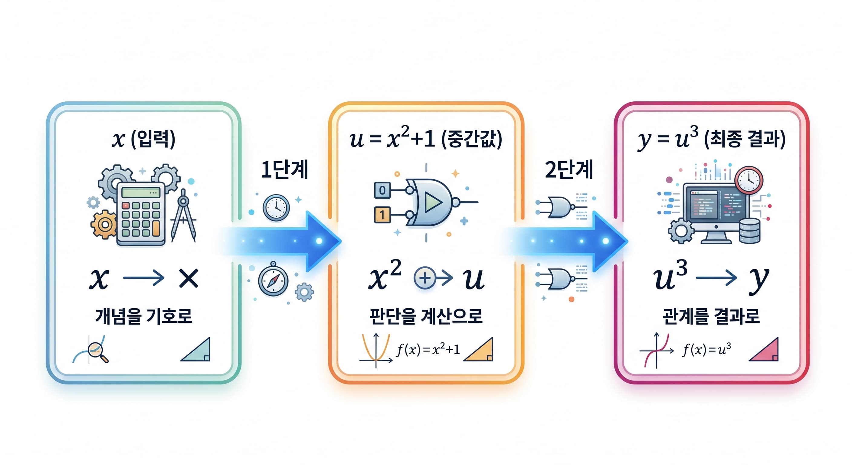 합성함수에서 입력이 중간값을 거쳐 최종 결과로 이어지는 두 단계 흐름도
