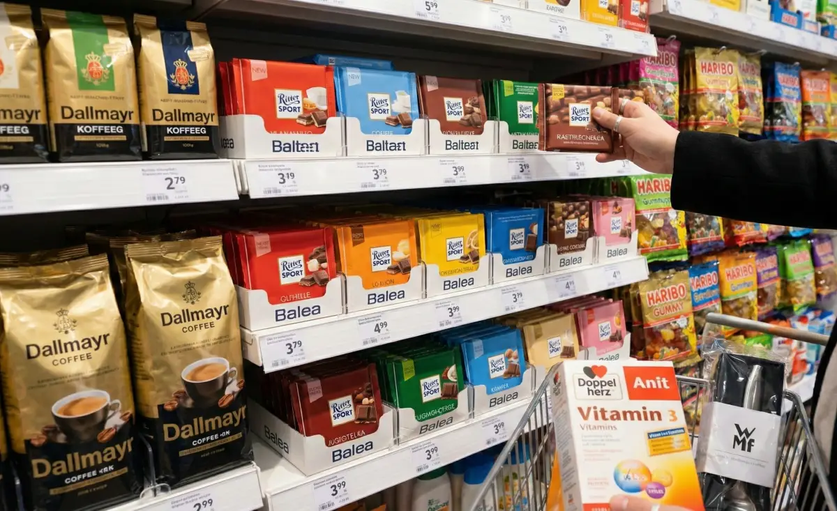 독일 마트에 진열된 다양한 종류의 리터 스포트 초콜릿과 하리보 젤리